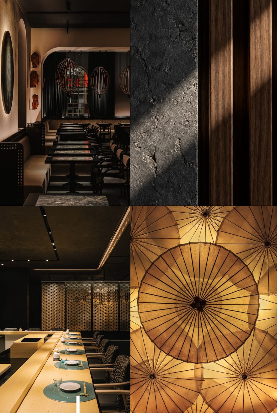 Imágenes de referencia de otros autores. Cuatro fotografías de interiores oscuros y cálidos: un comedor en penumbra, piedra texturizada junto a lamas de madera, una barra de madera iluminada y paraguas de papel que brillan a contraluz.