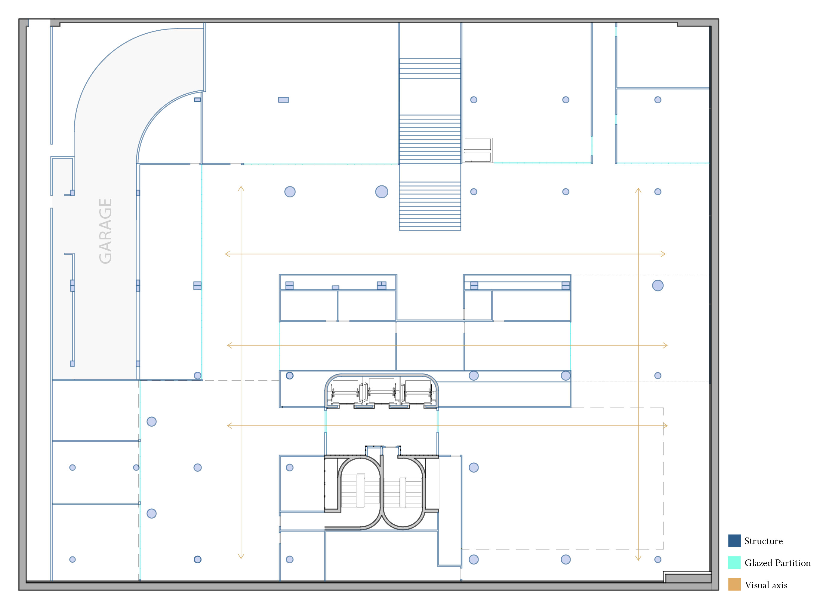 Level −1 diagram showing structure, glazed partitions and visual axes.