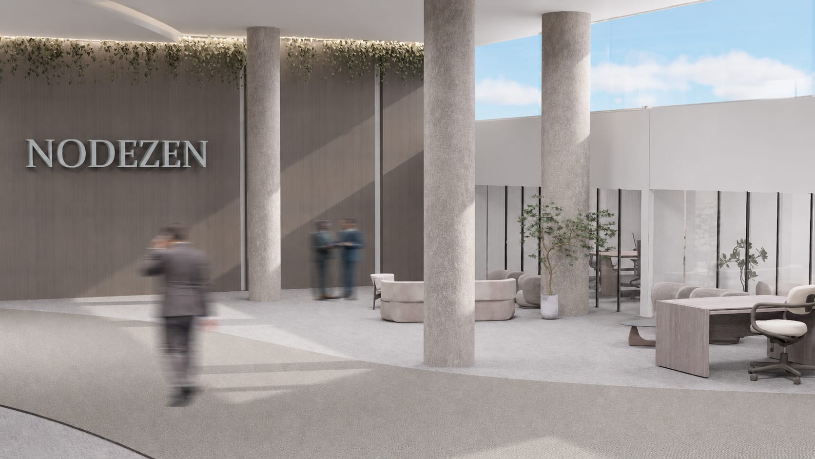 Executive offices beside a timber-clad wall with the NodeZen name, round textured columns, and glazing open to the sky on the right.